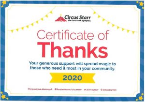 Certificate of thanks from circus star