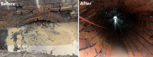 Before and after image of a blocked drain